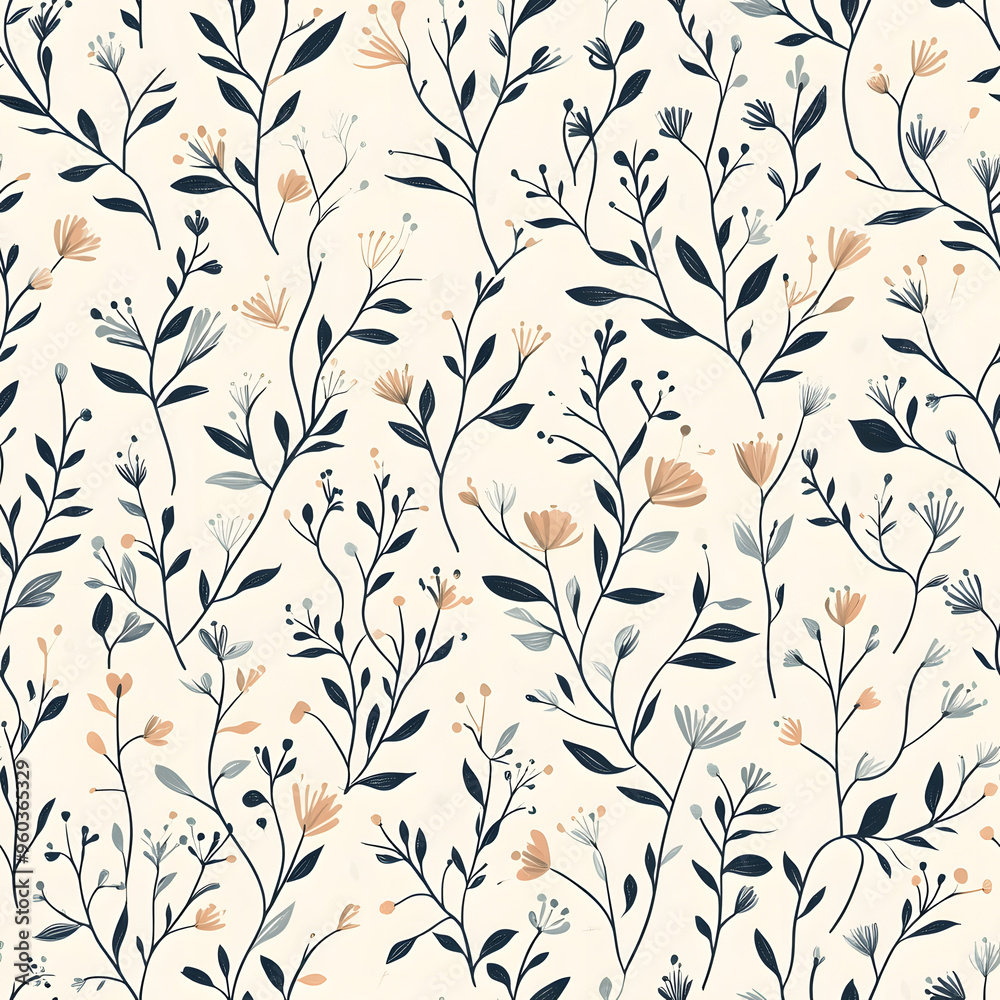 Wall mural floral and leaf seamless patterns in doodle-style tile designs with graphic format.