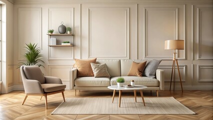 Cozy beige room interior with chair and sofa, room, interior, beige, chair, sofa, cozy, comfortable, modern, home