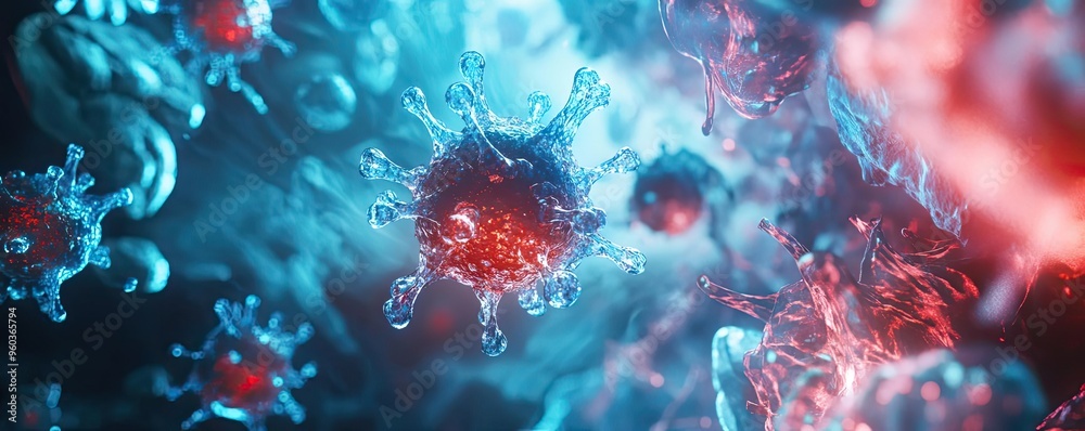 Aufkleber vibrant microscopic view of a virus, highlighting intricate forms and glowing colors in a visually s