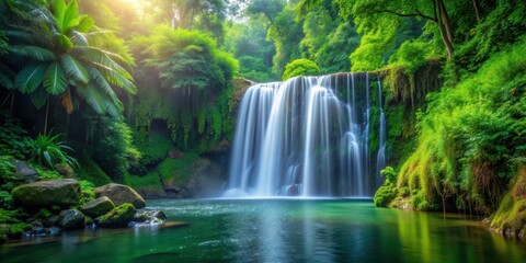 Fototapeta premium Serene jungle waterfall with lush greenery and cascading water, Nature, scenery, water, waterfall, jungle, serene