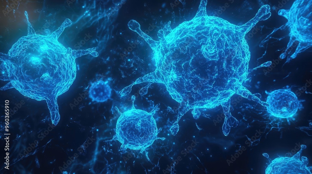Poster Microscopic view of vibrant blue cells in a biological environment, showcasing intricate details and dynamic structures.