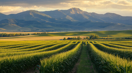 Fototapeta premium Golden Fields and Majestic Mountains: Scenic Agricultural Landscape at Sunset