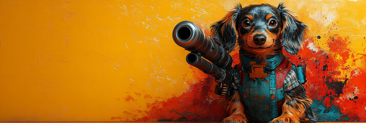Fearless dog with large cannon against vibrant yellow background displaying fierceness, bold style, and vivid, dynamic colors