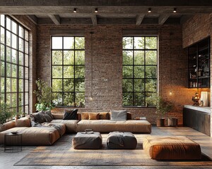 Urban Chic: Industrial Modern Living Room with Concrete Floors, Metal Accents, and Exposed Brick Wall
