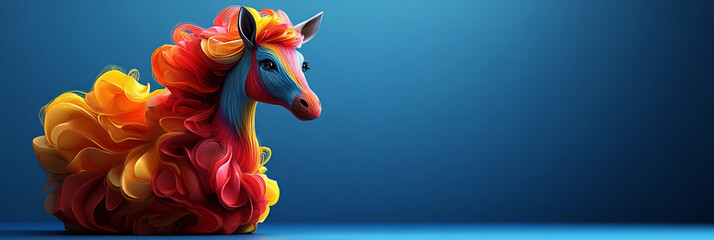 Elegant Multicolored Horse with Flowing Mane in Vibrant Artistic Style Against a Deep Blue Background