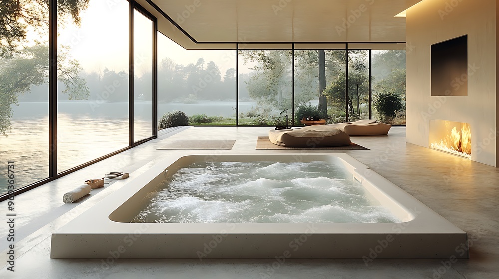 Wall mural A modern minimalist hot tub, rectangular in shape, surrounded by smooth concrete flooring, with clean geometric lines, soft ambient lighting creating a peaceful atmosphere,