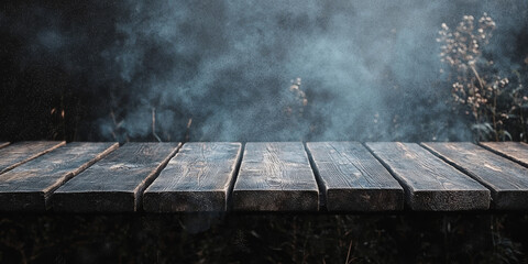 A rustic wooden table with a misty, atmospheric background.  Perfect for showcasing products or adding a touch of mystery to your designs.