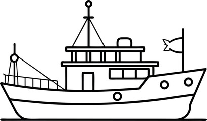 Simple Line Drawing of a Fishing Boat with Fish Flag for Nautical and Maritime Design Concepts