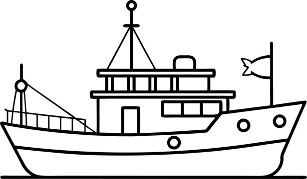 recommend clip art: Simple Line Drawing of a Fishing Boat with Fish Flag for Nautical and Maritime Design Concepts