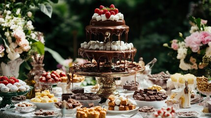 A lavish dessert table featuring a three-tier chocolate cake adorned with strawberries, set in a garden during a summer celebration