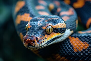 Fototapeta premium A stunning close-up image of a vibrantly colored snake, showcasing its detailed scales and natural habitat.
