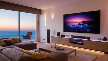 Modern minimalist apartment interior living room with 8K TV screen. 105