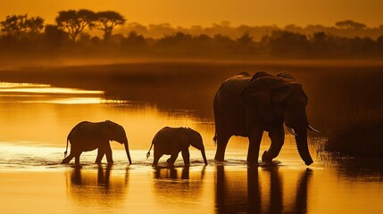 Fototapeta premium Elephants wading through a shimmering river at sunset in a tranquil African landscape