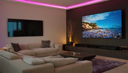 Modern minimalist apartment interior living room with 8K TV screen. 96