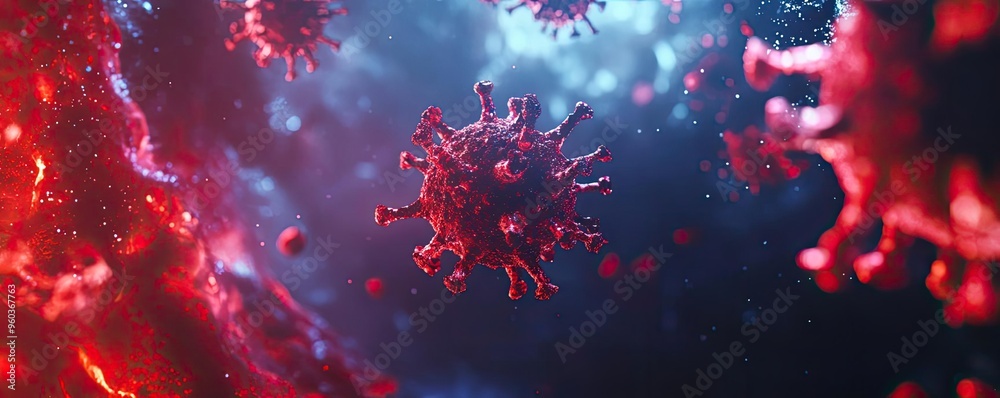Aufkleber close-up of a virus particle with vibrant colors, illustrating the intricate details of the pathogen