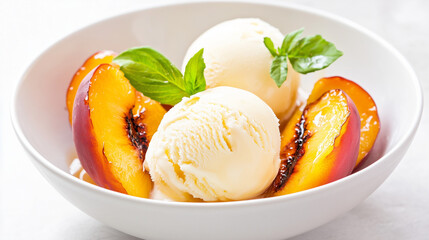 Juicy grilled peaches with honey drizzle, served with vanilla ice cream, warm and comforting dessert 
