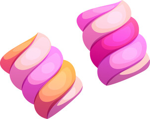 Cartoon valentine two twisted marshmallow candies in vibrant pink, purple, and orange shades. Vector sweets and confectionery dessert with a soft, swirled appearance, fluffy and delicious sweet treat