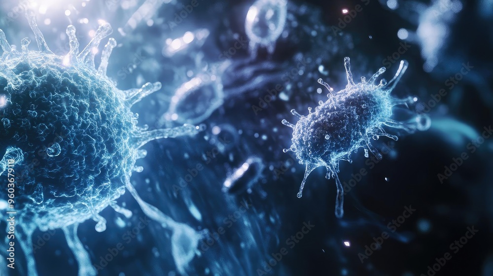 Poster microscopic view of vibrant microbes in a fluid environment, showcasing intricate details and textur