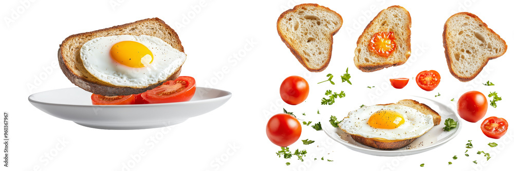 Poster isolated background with fried egg and beef mince meal falling in the air, peppers and tomatoes in t