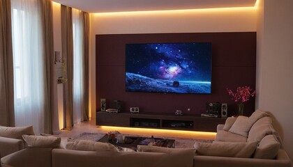Fototapeta premium Stylish Media Room Comfortable Seating Large Screen Ambient Lighting 60