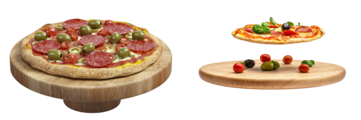 The pizza menu is on a wooden plate with falling ingredients tomato, peppers, and parsley in the air.