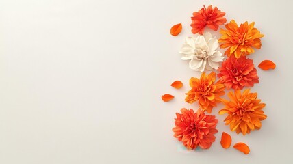 Marigold and rose petal rangoli, vibrant contrast, 3D illustration, copy space for text,