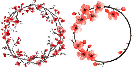 Red plum flowers on a white background in an outline PNG
