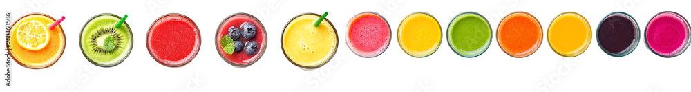 Poster in this flat lay view you can see a variety of fruit smoothies in glass and juice for refreshment, w