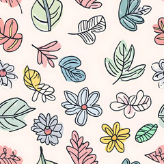 floral and leaf seamless patterns in doodle-style tile designs with graphic format.