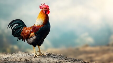 Majestic Rooster Standing Proud in Rustic Countryside Scene