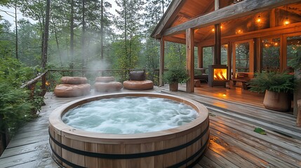 Fototapeta premium A rustic hot tub on a cabin deck surrounded by towering pines, with a wood-burning stove casting a warm glow, steam rising from the tub, creating a cozy and tranquil forest hideaway as evening falls.