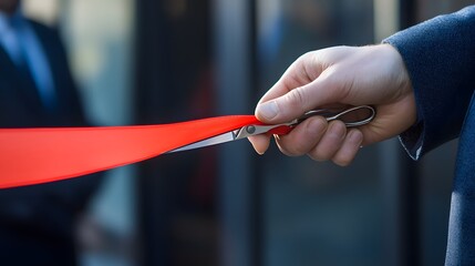 Hand Cutting a Ribbon: A hand holding scissors, cutting through a red ribbon during a grand opening ceremony.
