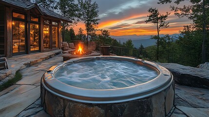 Fototapeta premium A rustic hot tub on a stone patio overlooking a vast mountain range, a glowing fire pit providing warmth, soft steam rising, the mountains stretching into the distance under a vibrant sunset,