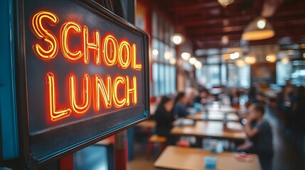 Sign that reads &ldquo;SCHOOL LUNCH&rdquo; - blurred background - school cafeteria - elementary school - middle school - food - nutrition - children - menu - nutritious - education 