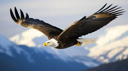 Obraz premium A majestic bald eagle soars over mountains during a clear, sunny day in the wilderness, showcasing its incredible wingspan and fierce beauty