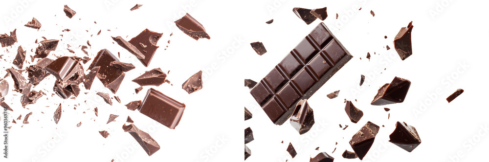 Poster a popular dessert snack of a broken chocolate bar floating in the air in front of an isolated backgr
