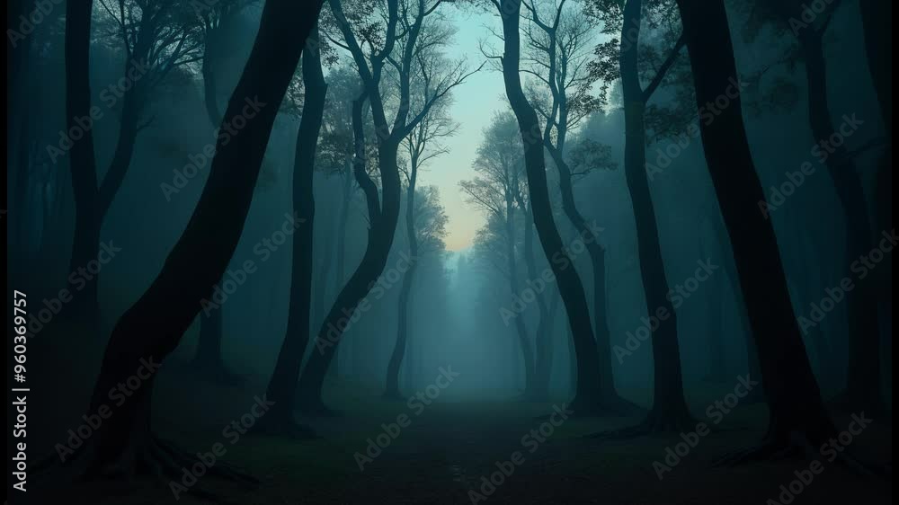 Poster A surreal forest clearing at twilight with towering trees