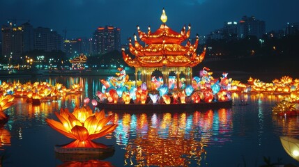 Obraz premium Vibrant Riverside with Illuminated Lanterns and Pagoda at Night