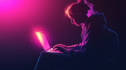vibrant neon outline graphic of a student with a laptop, perfect for an online learning banner design