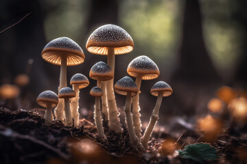 Toxic for human mushrooms are growing in the forest with backlight from the sun.