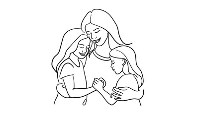 Mother hugs childs continuous line art drawing isolated on white background. Mothers day. Vector illustration	