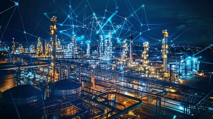 Smart Factory at Night with Networked Connections