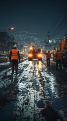 Night Road Construction Workers Cityscape