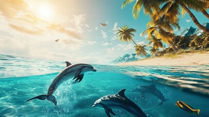 Dolphins playfully swimming in clear turquoise waters near a tropical beach at sunset, surrounded by palm trees and mountains