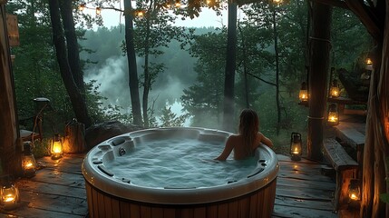 A rustic hot tub suspended among tall trees, offering a bird's-eye view of the lush forest below, with soft lanterns hanging overhead, steam rising into the misty air,