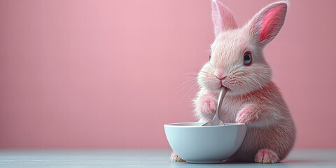 Endearing Rabbit Enjoying Meal with Charming Pink Background, Creating a Soft and Delightful Atmosphere of Innocence