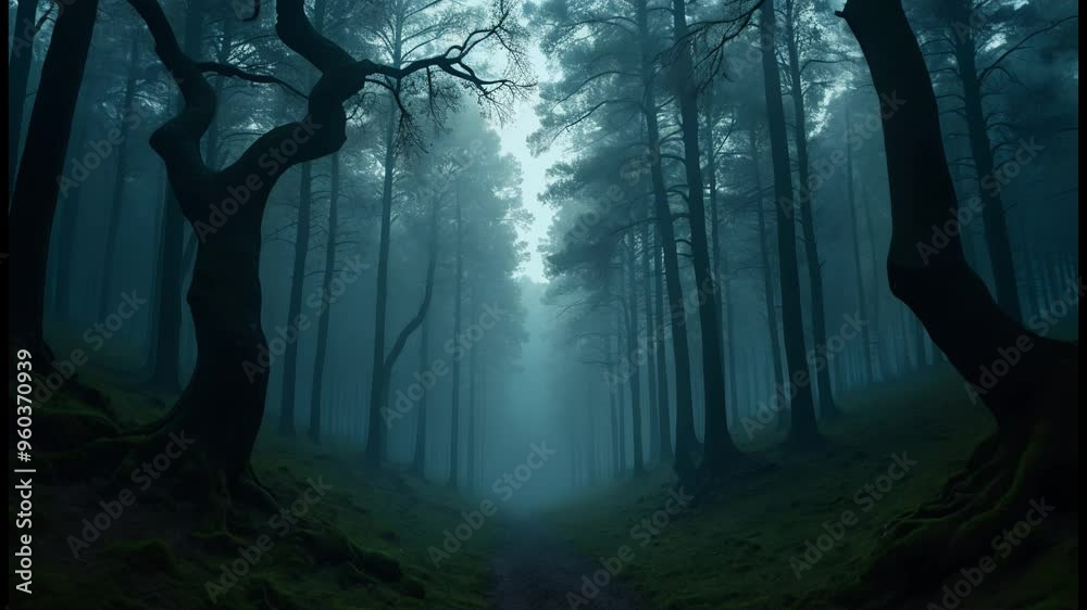 Poster A surreal forest clearing at twilight with towering trees