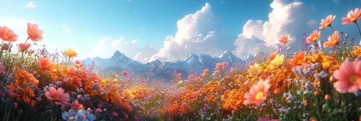 Vibrant, blooming flower field at sunrise with panoramic mountain backdrop, capturing a breathtaking and colorful natural spectacle