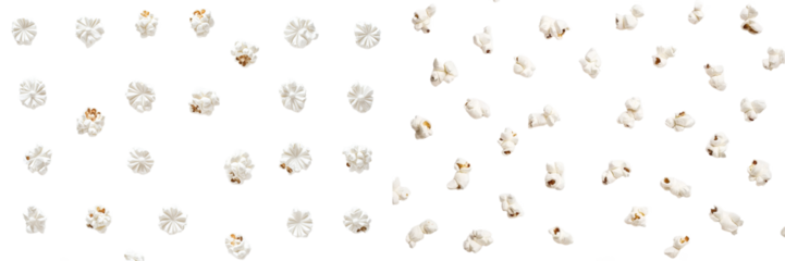 Popcorn falling in the air isolated over a white background, a flat lay snack food for relaxing at the movies.