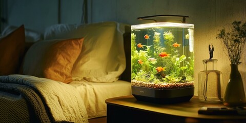 A small fish tank on a nightstand next to a